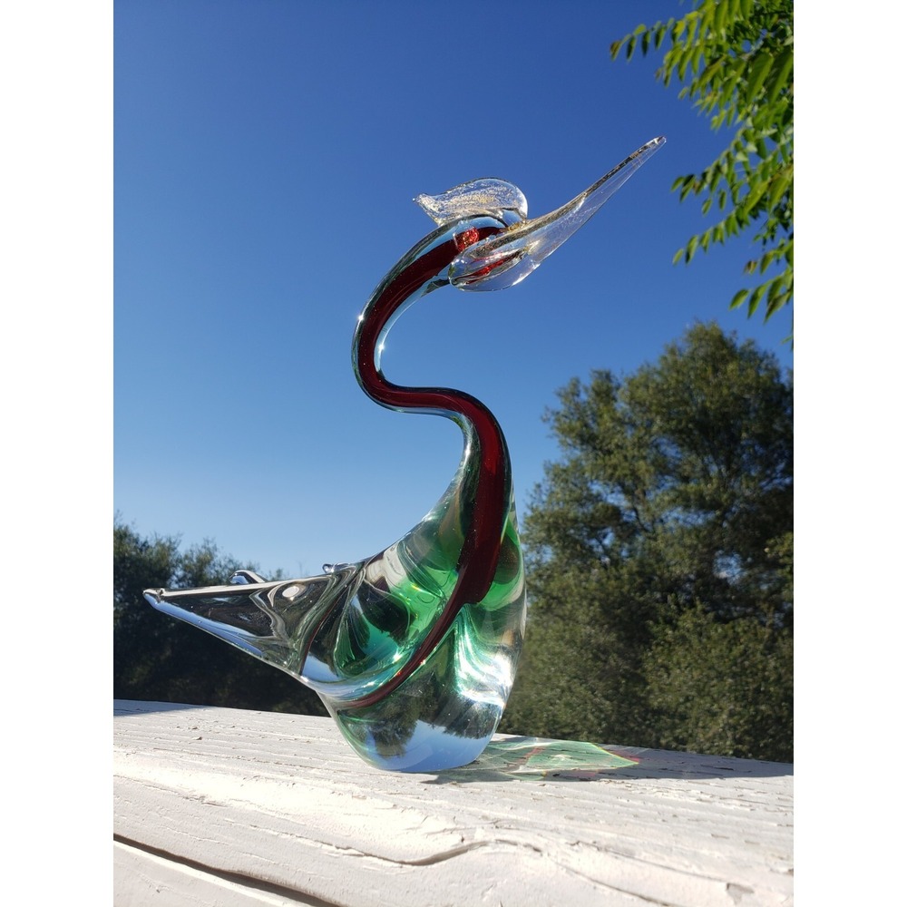 Vintage Murano Glass Swan‎ Sommerso Red Green & Clear Mid-Century 10.5 Inch - Picture 2 of 12
